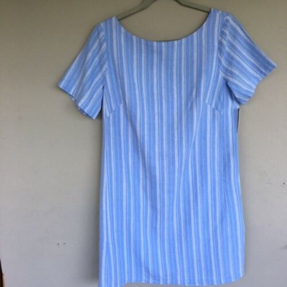 Anthropologie Linen Blend Striped Mini Shift Dress Size 12 Back Bow Zip Lined Bl - Picture 3 of 12